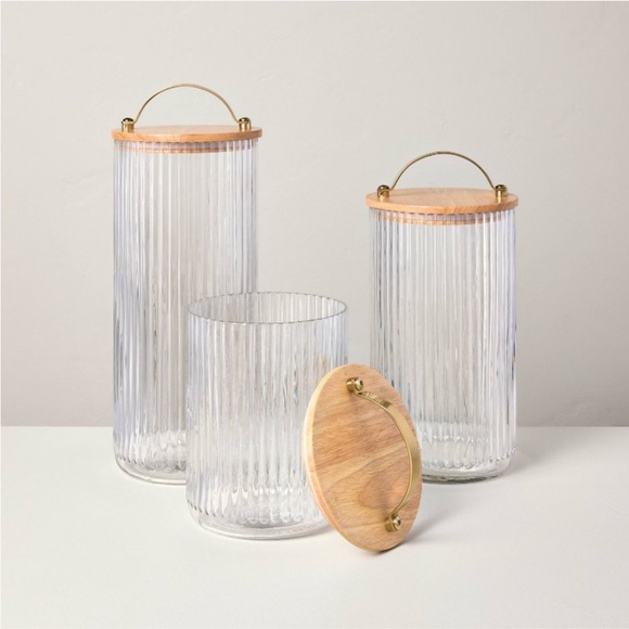 Set of 3 Fluted Glass Storage Canisters with Wood Lid